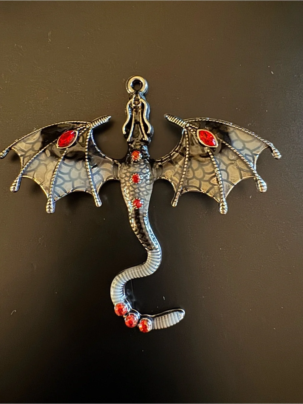 Silver Tone Enamel Dragon Pendant Red Rhinestone Gothic Fantasy